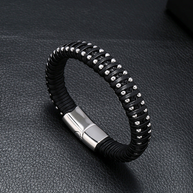 Hand-woven Titanium Steel Magnet Buckle Leather Bracelet