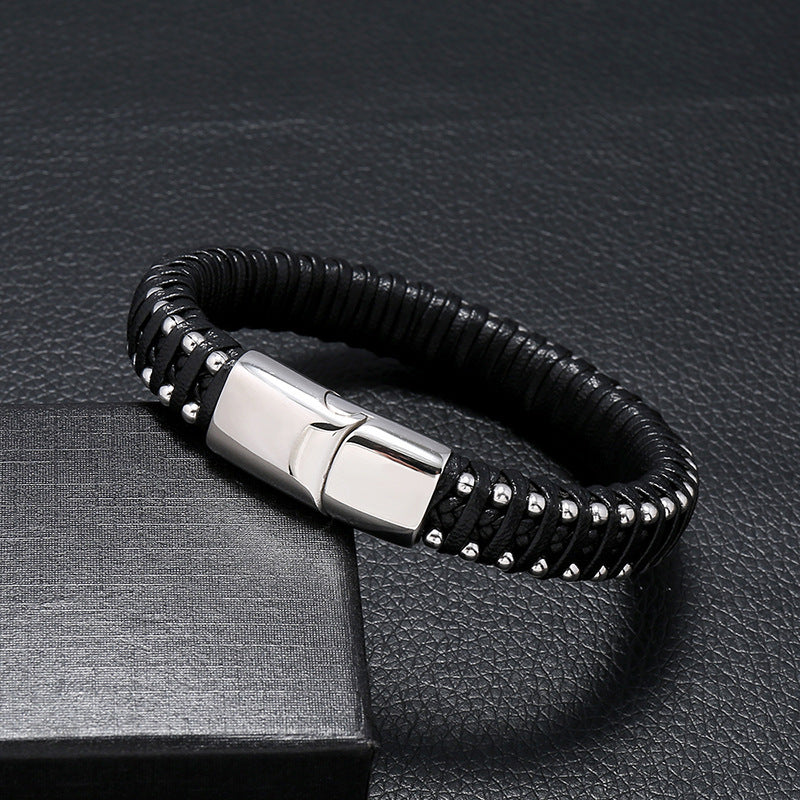Hand-woven Titanium Steel Magnet Buckle Leather Bracelet
