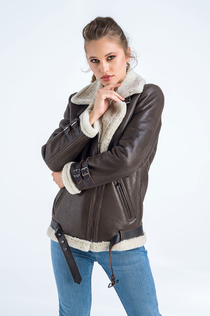 Brown Biker Bomber Sheepskin Jacket with Cream Shearling Fur