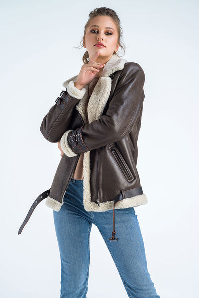 Brown Biker Bomber Sheepskin Jacket with Cream Shearling Fur