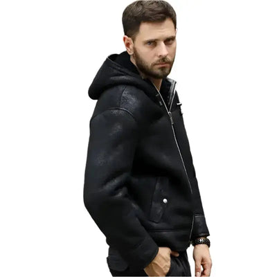 Men’s Hooded Black B3 Shearling Winter Jacket