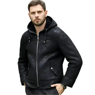 Men’s Hooded Black B3 Shearling Winter Jacket