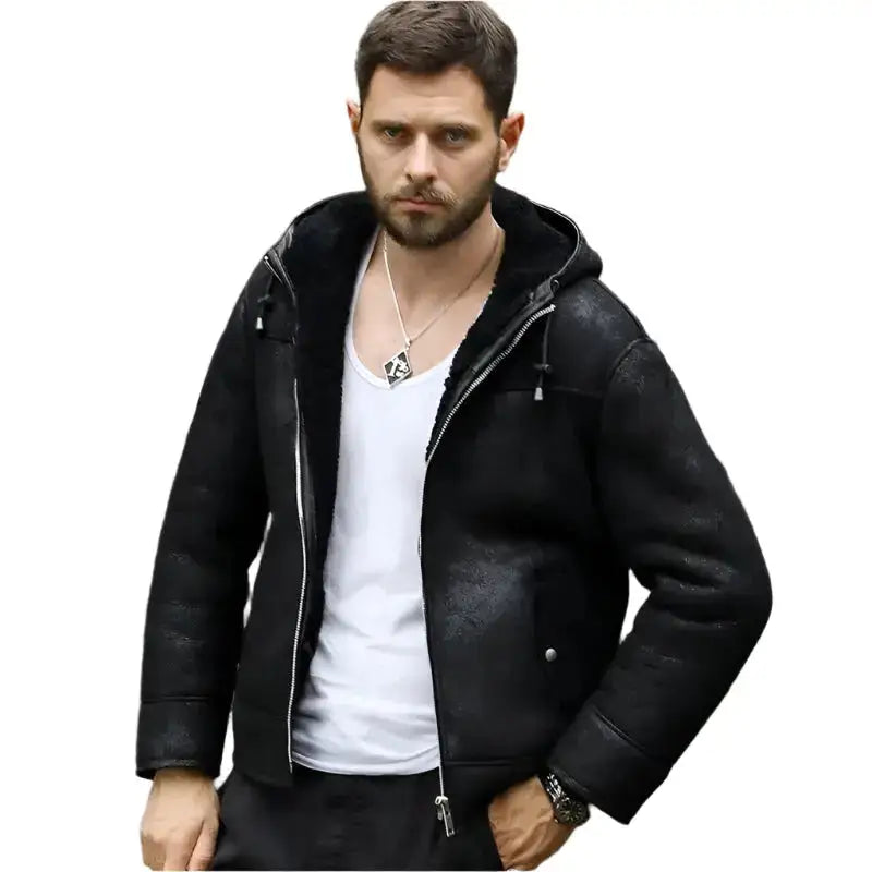 Men’s Hooded Black B3 Shearling Winter Jacket