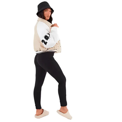 Women’s Beige Varsity Leather Bomber Jacket