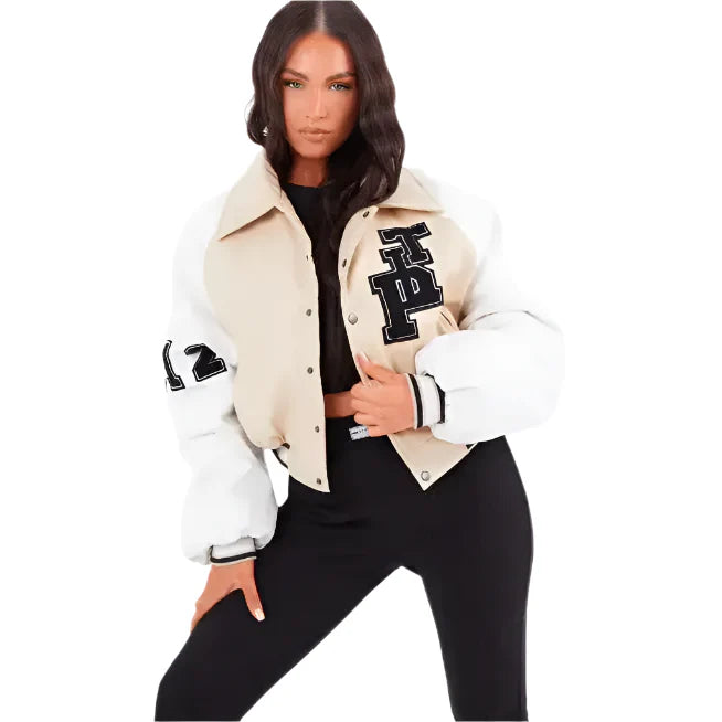 Women’s Beige Varsity Leather Bomber Jacket