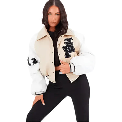 Women’s Beige Varsity Leather Bomber Jacket