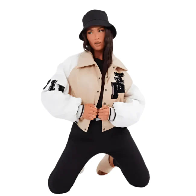 Women’s Beige Varsity Leather Bomber Jacket