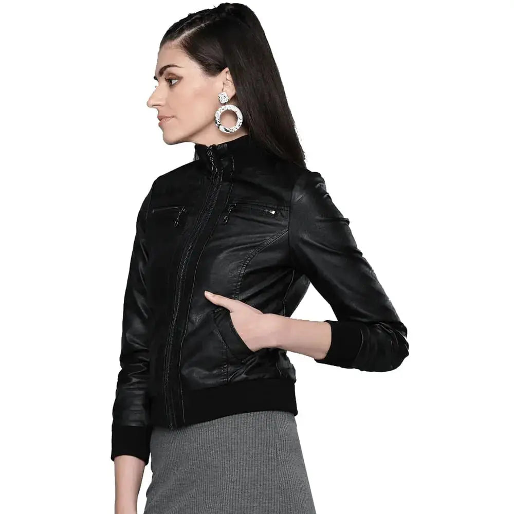 Women’s Black Solid Bomber Leather Jacket – Stylish Fit