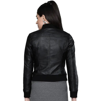 Women’s Black Solid Bomber Leather Jacket – Stylish Fit