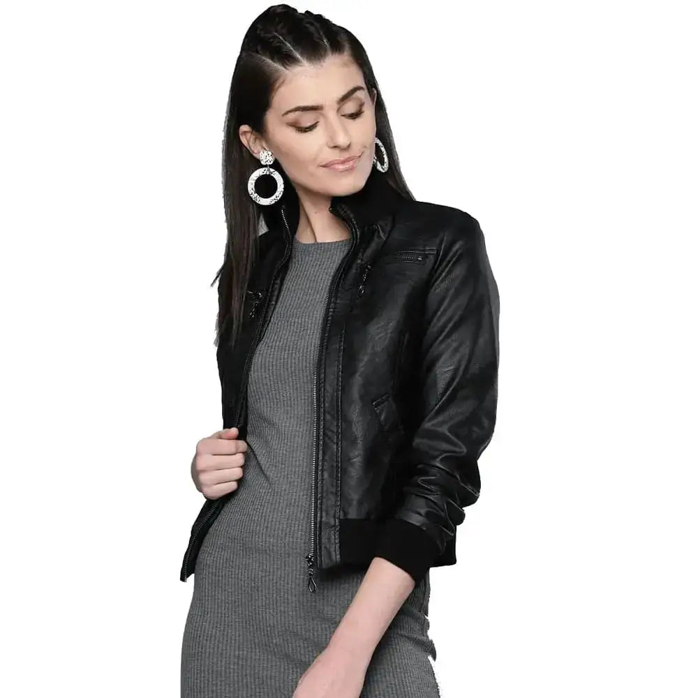 Women’s Black Solid Bomber Leather Jacket – Stylish Fit