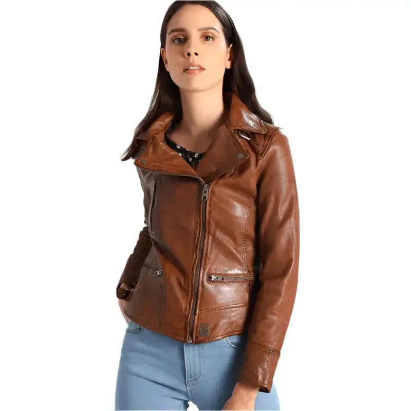Women’s Brown Leather Biker Jacket