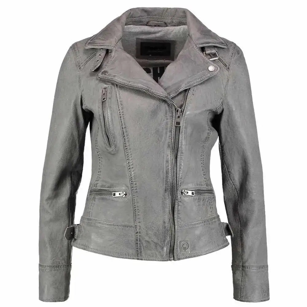Women’s Elegant Gray Motorcycle Fashion Leather Jacket